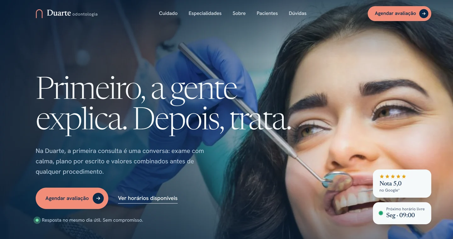 Página inicial do projeto demonstrativo Duarte Odontologia