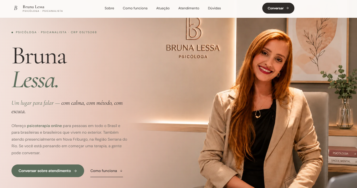 Tela do site da psicóloga Bruna Lessa criado pela LF Studio
