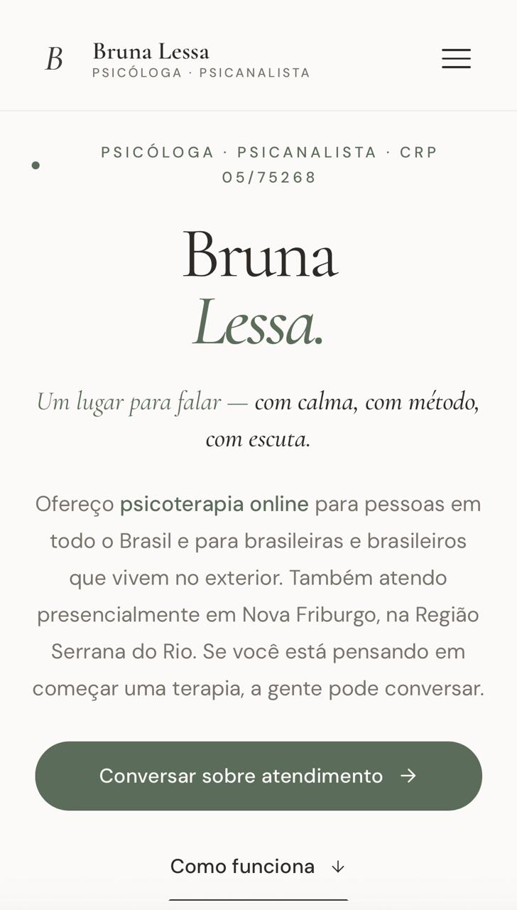 Versão mobile do site da psicóloga Bruna Lessa